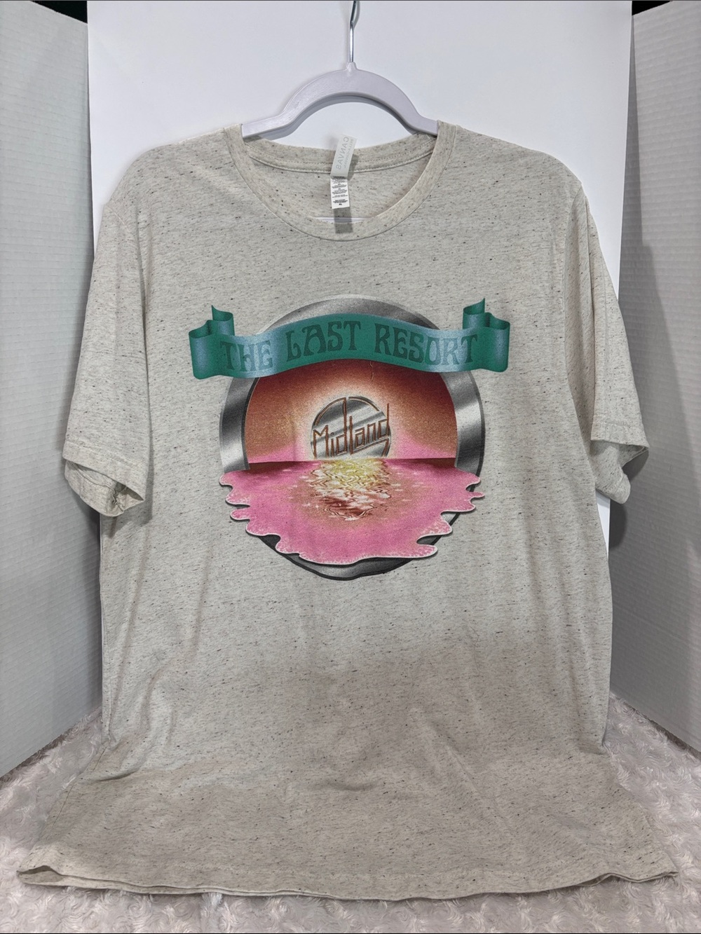 Bella Canvas Cream Heather Graphic Tee with Pink and Teal Design